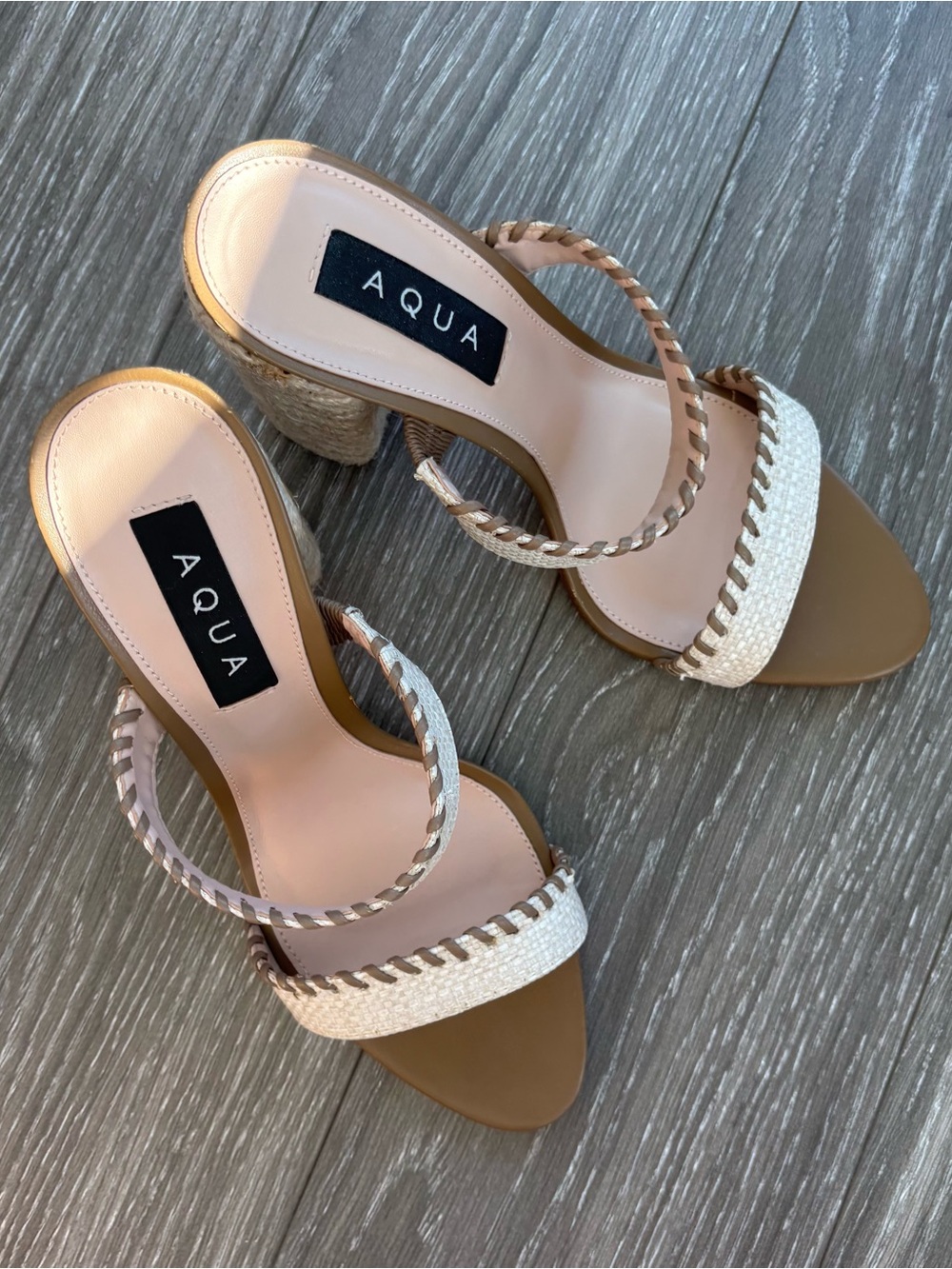 Aqua Beige Woven Espadrille Block Heel Sandal
